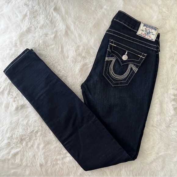 True Religion White Stitching Chain Details Skinny Jeans Dark Wash - Picture 1 of 13